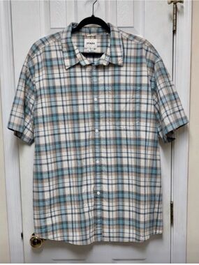 Prana Cabincore Coastal Casual Blue and Cream Plaid Short Sleeve Shirt XXL